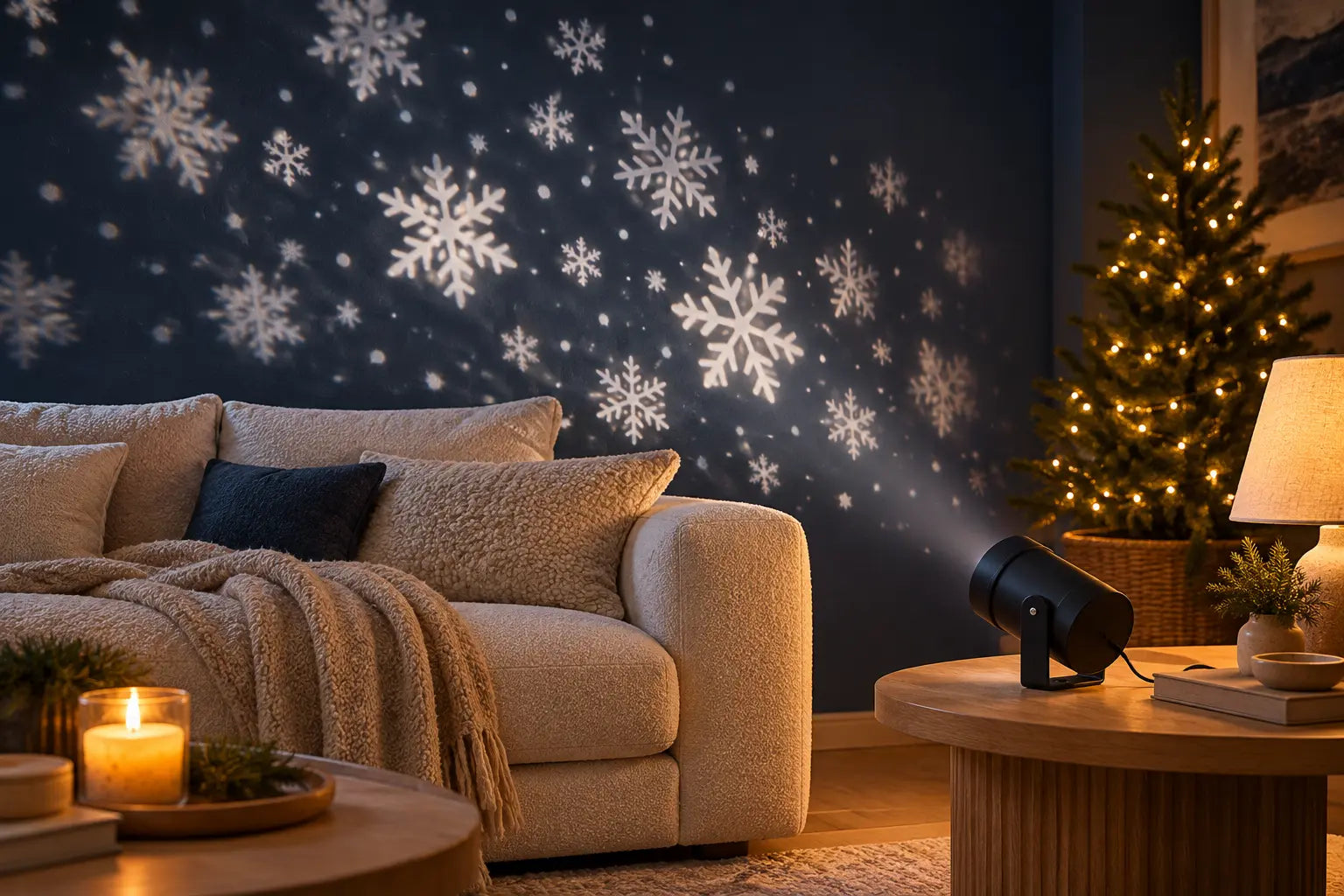 AI-generated staging: cosy living room with snowflake light on a blue wall